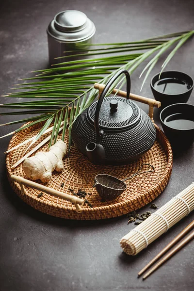Arranjo tradicional asiático da cerimônia do chá, vista superior — Fotografia de Stock