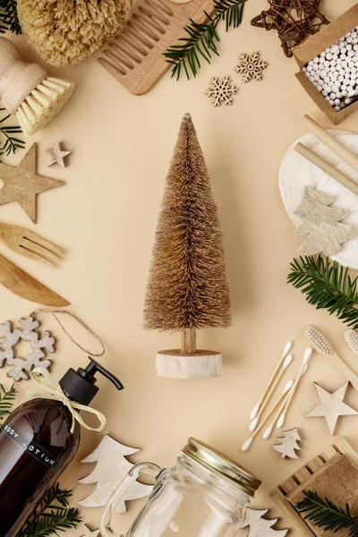 Zero resíduos, conceito de Natal eco friendly, flat lay — Fotografia de Stock