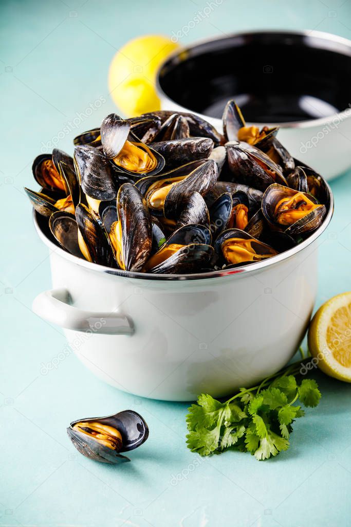 Pot full of steamed mussels on blue background