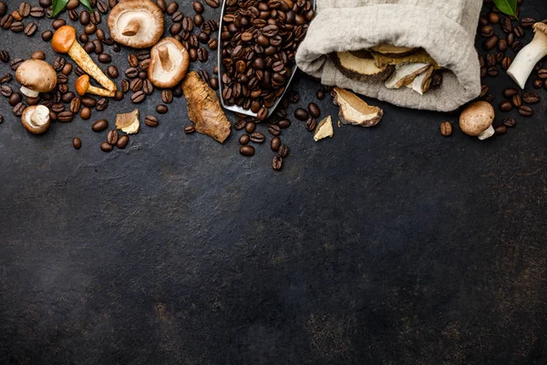 Mushroom Chaga Coffee Superfood Trend-dry and fresh mushrooms an — Stock Photo, Image