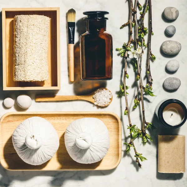 Natural skin care products flat lay. Zero waste, eco friendly bathroom and spa accessories — Stock Photo, Image