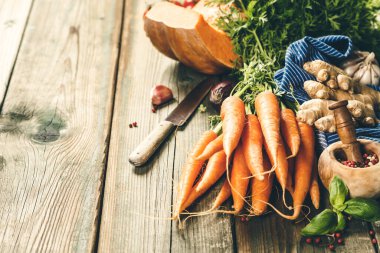 Sağlıklı yemek pişirme geçmişi. Şükran Günü, Sonbahar, hasat, Cadılar Bayramı konsepti