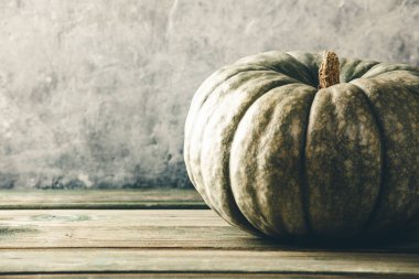 Eski paslı duvarlara karşı ahşap tabelde balkabağı ile sonbahar arkaplanı