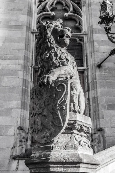 Löwenstatue mit Wappenschild. — Stockfoto