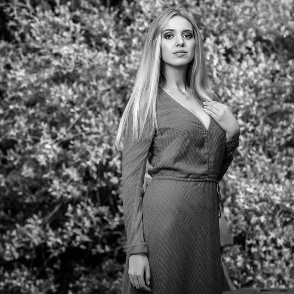 Retrato al aire libre blanco y negro de una hermosa joven rubia sonriente en un elegante vestido largo . —  Fotos de Stock