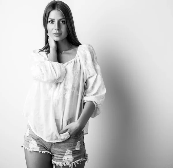 Black-white studio portrait of beautiful young sexy woman. — Stock Photo, Image