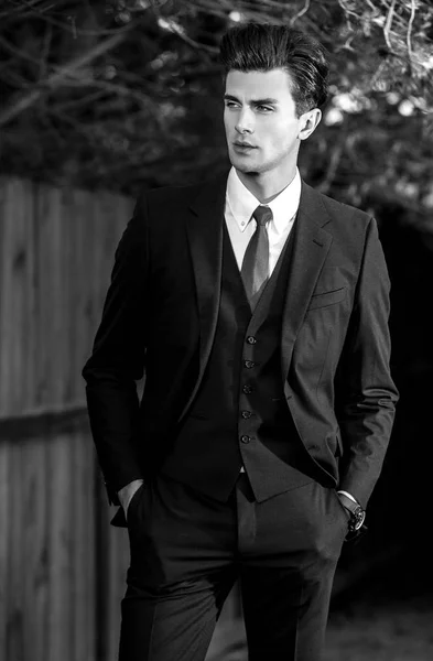 Schwarz-weißes Außenporträt eines eleganten gutaussehenden Mannes im klassischen Anzug in der Nähe von Holzzaun — Stockfoto