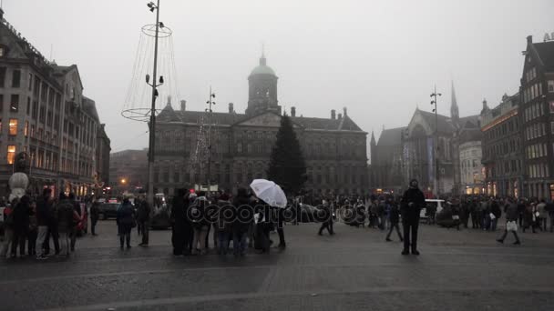 Amsterdam, Nederländerna - 02 januari 2017: Natt gatorna i Amsterdam med rörliga förbipasserande. Slow Motion Video 02 januari 2017 i Amsterdam - Nederländerna. — Stockvideo