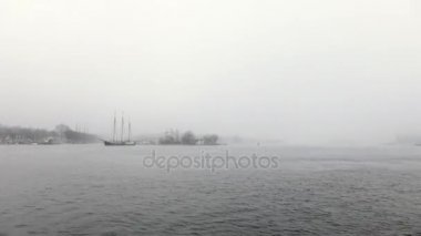 Amsterdam, Hollanda - 02 Ocak 2017: Amsterdam Merkez Tren Garı sisli gün. Genel manzara manzara rush tekneler ile şehir set of. Zaman atlamalı. 02 Ocak 2017 yılında Amsterdam - Hollanda.