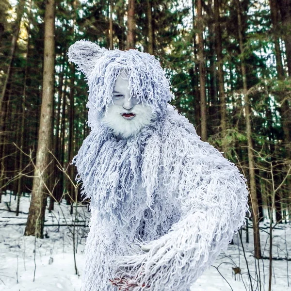 Yeti pohádky postava v zimním lese. Venkovní fantazie Foto. — Stock fotografie