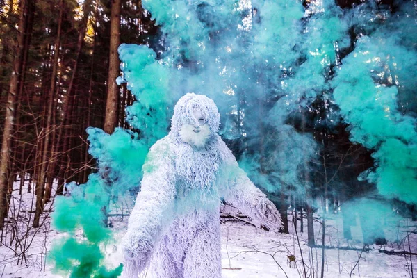 Yeti fairy tale character in winter forest. Outdoor fantasy photo. — Stock Photo, Image