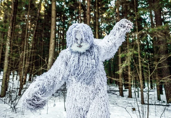 Yeti pohádky postava v zimním lese. Venkovní fantazie Foto. — Stock fotografie