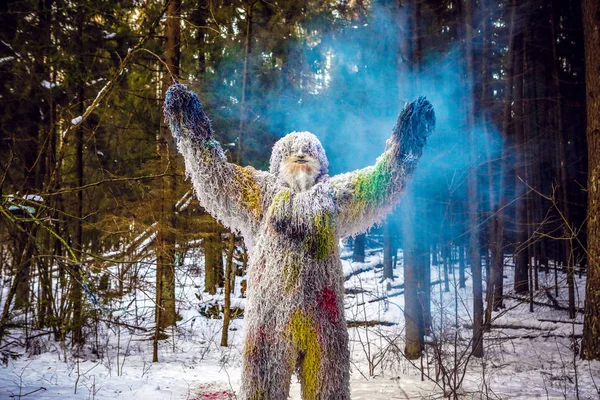 雪人在冬季森林童话故事中的人物。室外的幻想照片. — 图库照片