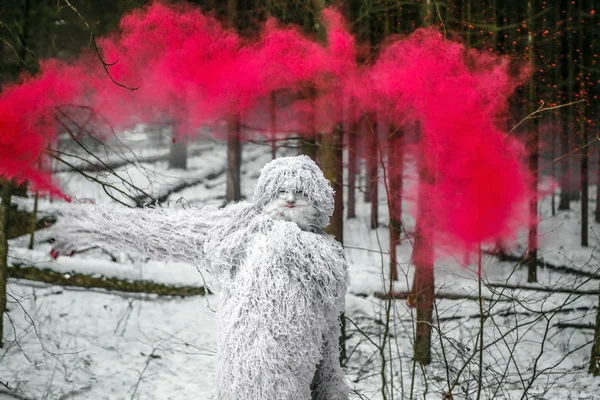 Yeti-Märchenfigur im Winterwald. Fantasiefoto im Freien. — Stockfoto