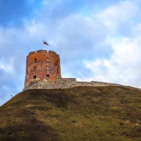 Gedeminas tower hill ile güzel bahar gökyüzü karşı Litvanyalı bayrak üstüne. — Stok fotoğraf