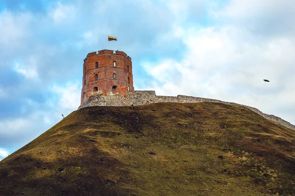 Torre Gedeminas in cima alla collina con bandiera lituana contro il bellissimo cielo primaverile . — Foto Stock