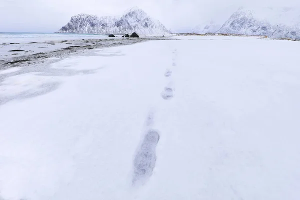 Pegadas de um homem na neve de uma praia norueguesa . — Fotografia de Stock