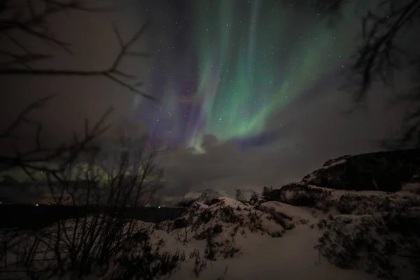 Удивительные разноцветные Aurora Borealis также известны как Северное сияние в ночном небе над Лофотенским ландшафтом, Норвегия, Скандинавия . — стоковое фото