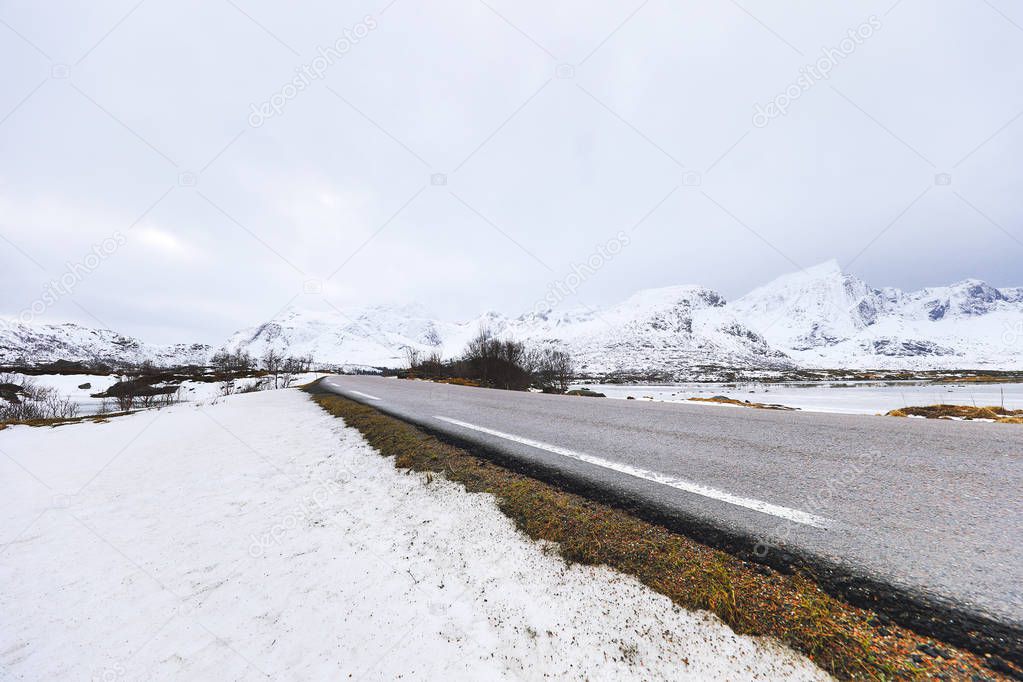 Mountain Norway road and scenic landscape of Lofoten islands.