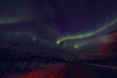 Çok renkli Aurora Borealis şaşırtıcı da biliyorum Kuzey ışıkları gece gökyüzünde Lofoten üzerinde manzara, Norveç, Scandinavia gibi. Soyut doğa arka plan olarak bulanık.