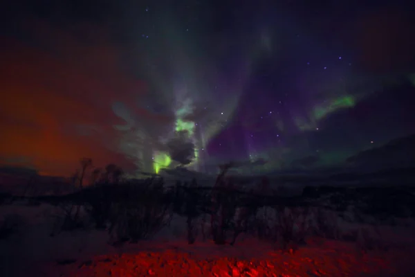 Amazing veelkleurige Aurora Borealis ook bekend als de Northern Lights in de nachtelijke hemel over Lofoten landschap, Noorwegen, Scandinavië. Als abstracte aard achtergrond wazig. — Stockfoto