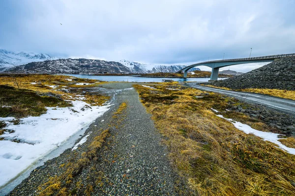 Uzun yolu köprüsü. Güzel Norveç manzara. Lofoten Adaları.