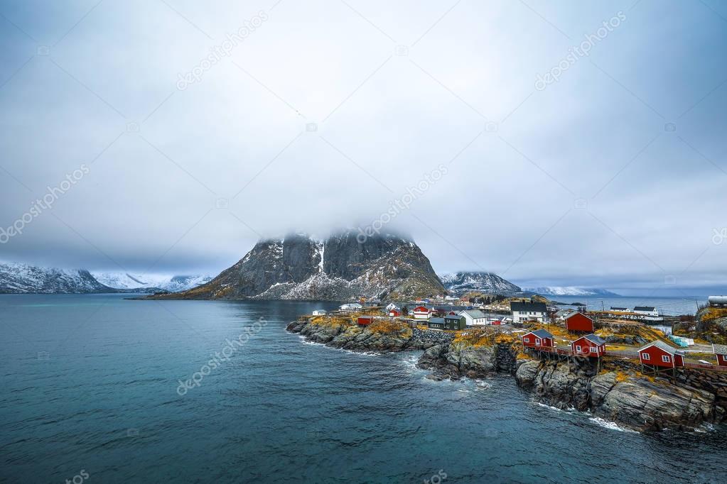  Traditional fishing settlements of Lofoten islands. Beautiful Norway landscape and old architecture. 
