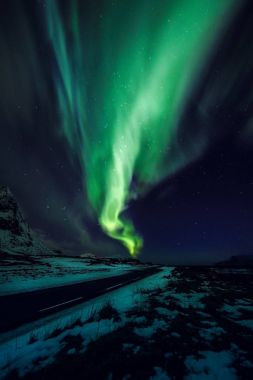 Aurora Borealis de biliyorum Kuzey ışıkları gece gökyüzünde Lofoten üzerinde manzara, Norveç, Scandinavia gibi şaşırtıcı çok renkli yeşil.