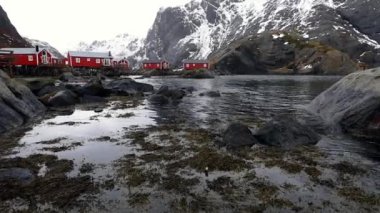 Geleneksel balıkçılık Yerleşmeleri Lofoten Adaları. Güzel Norveç Peyzaj ve eski mimari. HD ayak.