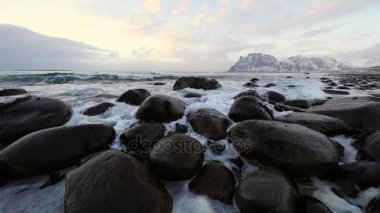 Akşam zaman soğuk Norveç Denizi kıyısında antik taşlar. Lofoten Adaları. Güzel Norveç manzara. HD ayak.