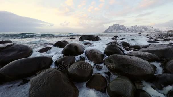 Antika stenar på stranden av kalla Norska havet på kvällstid. Lofoten öarna. Vackra Norge landskap. HD film. — Stockvideo