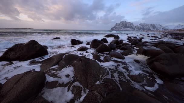 저녁 시간에 찬 노르웨이 바다의 기슭에의 고 대 돌 Lofoten 섬입니다. 아름 다운 노르웨이 풍경입니다. Hd 영상. — 비디오