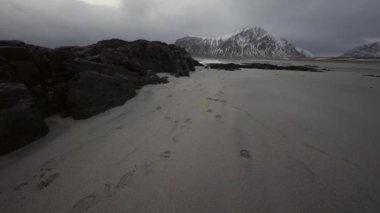 Akşam zaman soğuk Norveç Denizi kıyısında antik taşlar. Lofoten Adaları. Güzel Norveç manzara. HD ayak.