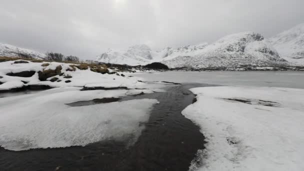 Górskie strumienie przepływu wody płynącej do oceanu. Lofoty. Piękny krajobraz Norwegia. — Wideo stockowe