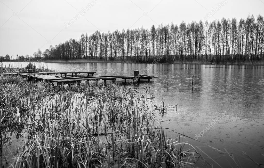 Picturesque spring forest and old wooden bridge on the river.