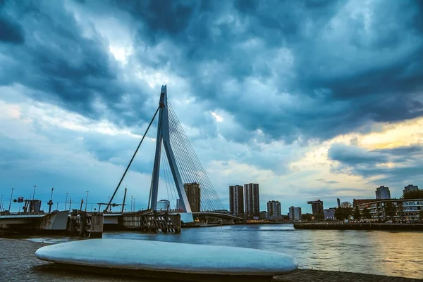 Vista geral da paisagem da cidade de Roterdão e ponte Erasmus um dos símbolos mais famosos da cidade . — Fotografia de Stock