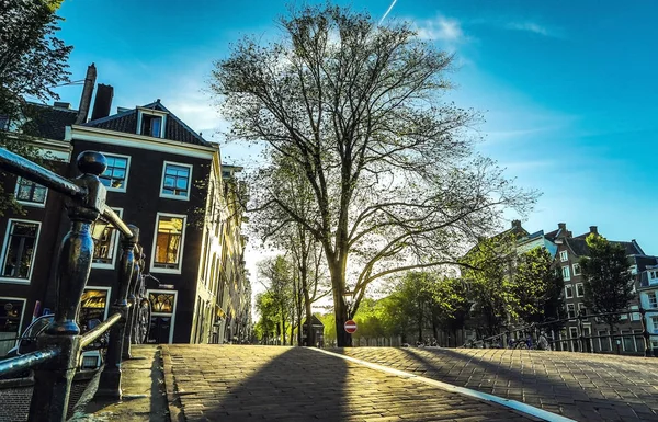 Általános hagyományos régi híres házak és helyen Amszterdam város. — Stock Fotó