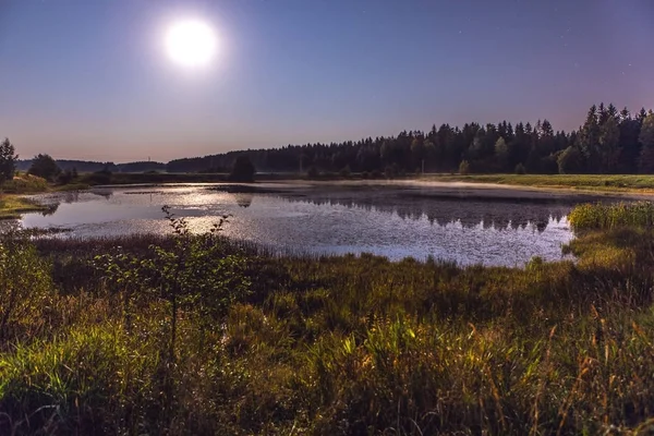 Night landscape on a full moon and smal lake near forest. — Stock Photo, Image