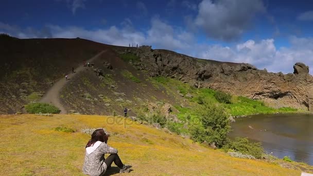 Viajeros Contra Pintoresco Paisaje Islandés Imágenes — Vídeo de stock