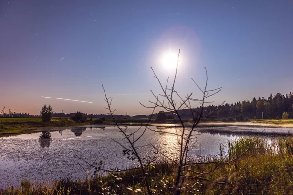 Night landscape on a full moon and smal lake near forest. — Stock Photo, Image