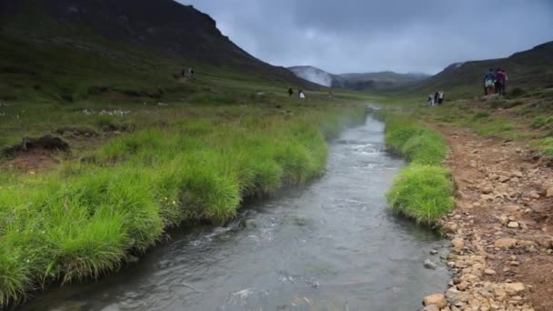 アイスランドの伝統的な自然と山川の絵のような風景です スローモーション映像 — ストック動画