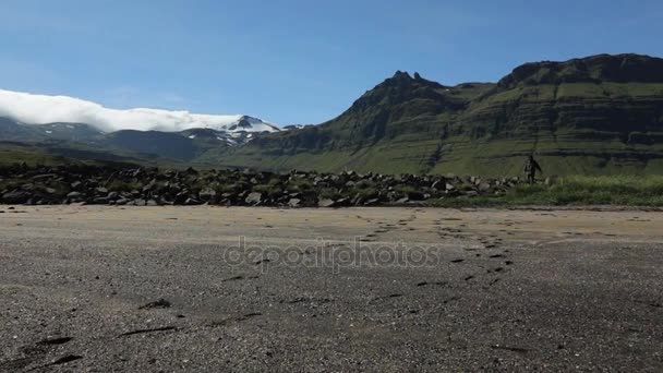 Resenärer Mot Pittoreska Isländska Landskapet Slow Motion Footage — Stockvideo