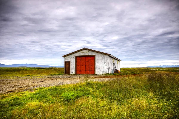 Traditionella Isländska Byn Med Hus Och Vacker Morgon Landskap — Stockfoto