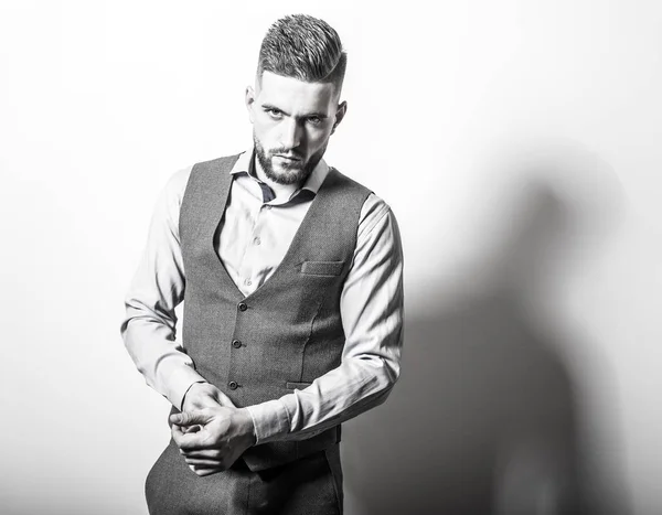 Bello giovane uomo elegante in grigio classico gilet posa contro lo sfondo dello studio . — Foto Stock