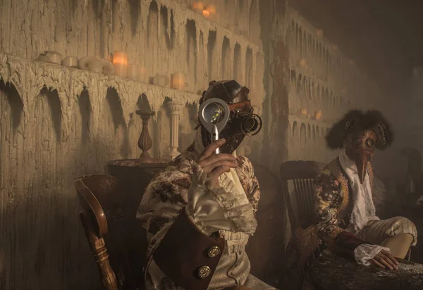 Aktörer Steam Punk Masker Och Antika Kostymer Inomhus — Stockfoto