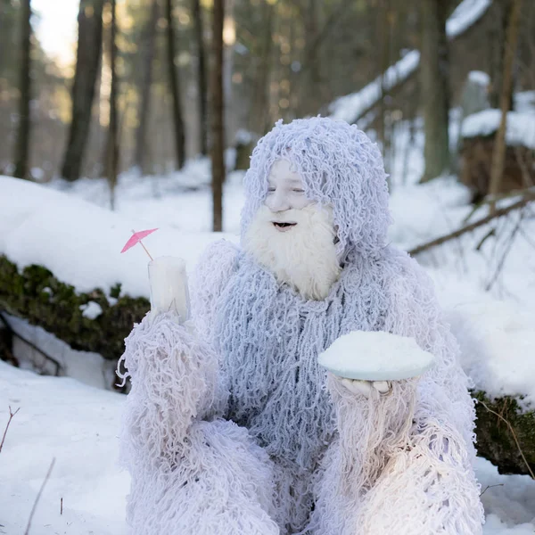 Yeti sprookjesfiguur in het winterbos. — Stockfoto