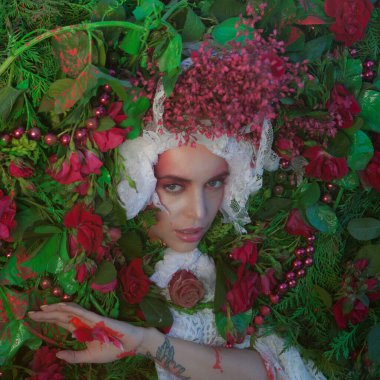 Doğal çiçeklerle çevrili peri masalı tarzındaki kadın portresi..