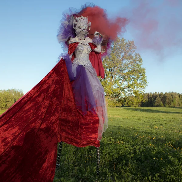 Fairy tale woman on stilts in bright fantasy stylization. — Stock Photo, Image