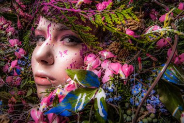 Doğal bitki ve çiçeklerle çevrili peri masalı tarzında bir kadın portresi..