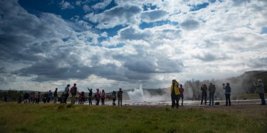REYKJAVIK, ICELAND - AUGUST 29, 2017: Icelandic geyser vapors and picturesque nature.